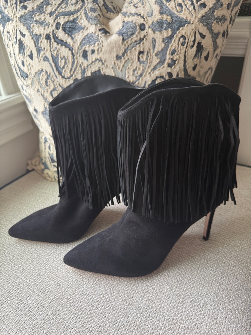 SCHUTZ Black Suede Pointed-Toe Fringe Ankle Booties - Picture 2 of 8